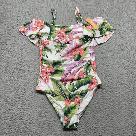 Kona Sol Other - Kona Sol One Piece Swim Suit Womens Small Pink Tropical High Coverage Ruffle Top